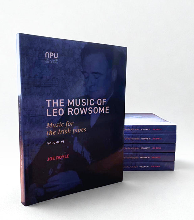 Book titled 'The Music of Leo Rowsome Music for the Irish Pipes Volume VI' by Joe Doyle on a white background
